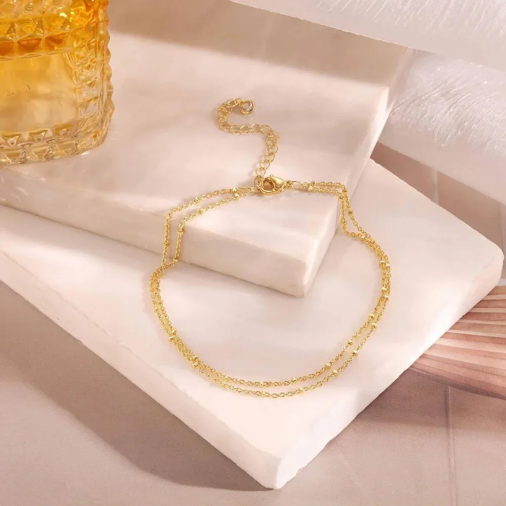 Gold Anklet Duo Yellow Gold Plated 8.5+2.5in Link Chain Summer Beach Jewelry - Picture 6 of 9